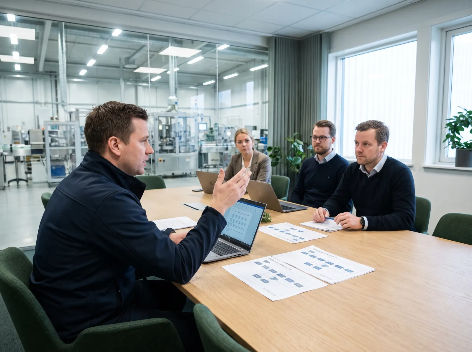 Symbolbild: Auditor im Eröffnungsgespräch mit der Geschäftsführung an einem Besprechungstisch, im Hintergrund die Fertigung