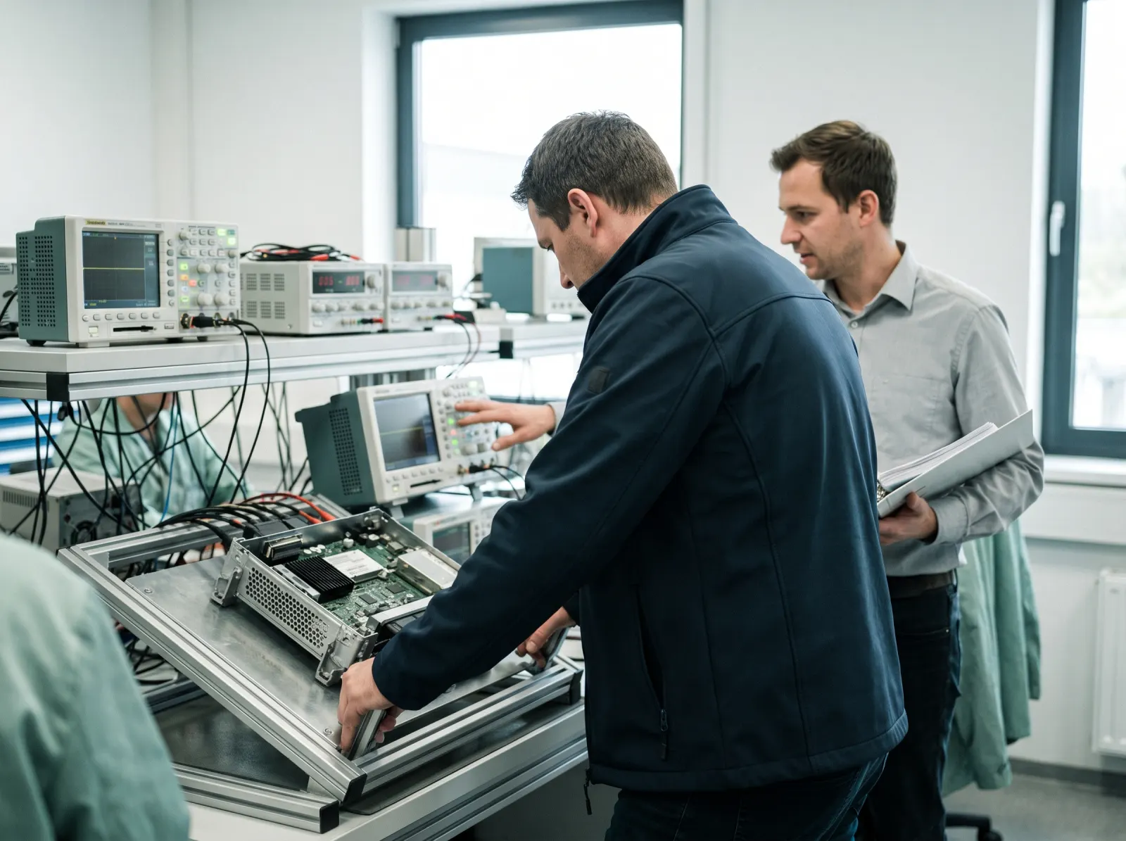 Symbolbild: Prüfer untersucht im Prüflabor eine elektronische Baugruppe, daneben ein Mitarbeiter mit Prüfunterlagen