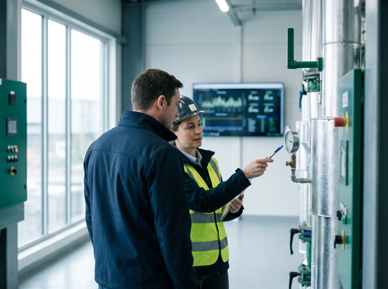Symbolbild: Energieauditor und Energiemanagerin an Druckluftstation und Messgeräten