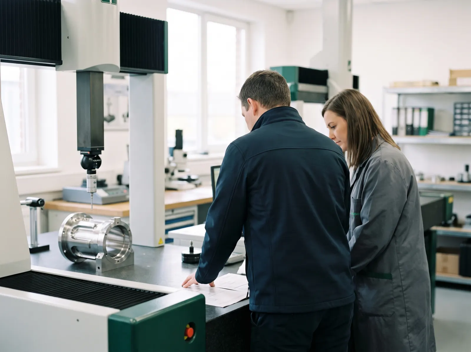 Symbolbild: Auditor und Qualitätsingenieurin prüfen einen Messbericht neben einer Koordinatenmessmaschine